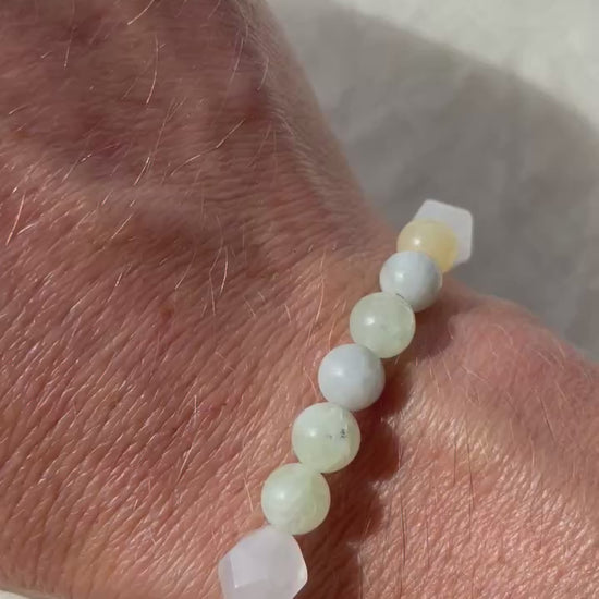 Video showing the Forest Coast natural gemstone bracelet worn on the wrist, highlighting its natural colours and organic gemstone patterns.
